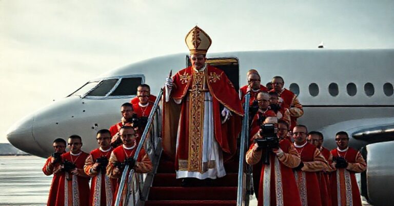 Portret fałszywego papieża Roberta Prevosta (Leon XIV) zejższa z samolotu z fałszywym herbem papieskim w otoczeniu tzw. kardynałów i biskupów