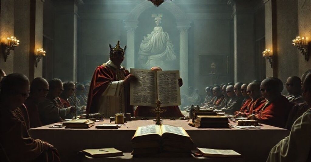 Obraz przedstawiający fałszywego papieża Roberta Prevosta (Leona XIV) zafałszowującego dziedzictwo Nicejskie w Watykanie