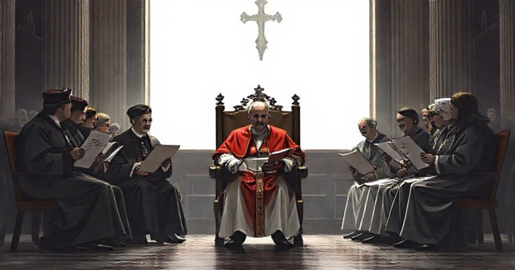 Obraz przedstawiający spotkanie fałszywego papieża z przedstawicielami organizacji Ending Clergy Abuse w Watykanie. Temat dotyczy modernistycznego odejścia od katolickiej tradycji.