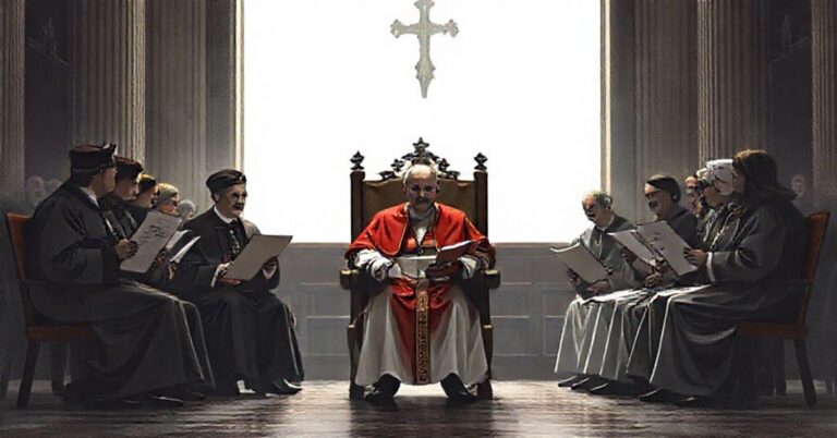 Obraz przedstawiający spotkanie fałszywego papieża z przedstawicielami organizacji Ending Clergy Abuse w Watykanie. Temat dotyczy modernistycznego odejścia od katolickiej tradycji.