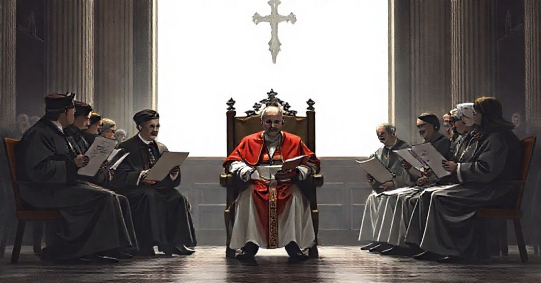 Obraz przedstawiający spotkanie fałszywego papieża z przedstawicielami organizacji Ending Clergy Abuse w Watykanie. Temat dotyczy modernistycznego odejścia od katolickiej tradycji.