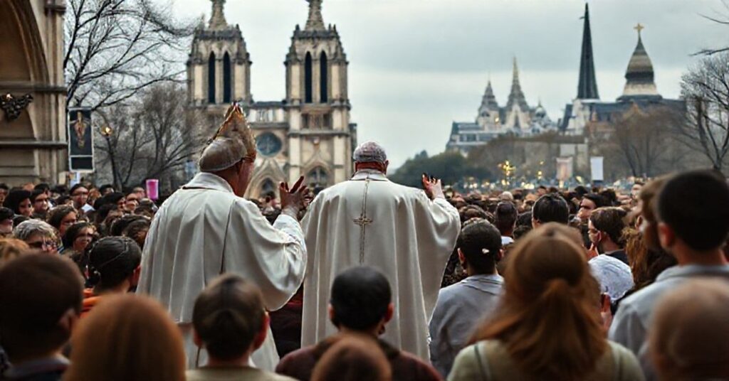 Obraz przedstawiający fałszywego papieża na ekumenicznym spotkaniu w Taizé w Paryżu, z młodzieżą w modlitewnej postawie mieszającą katolickie, protestanckie i buddyjskie elementy. W tle widoczna katedra Notre-Dame z masonickimi i modernistycznymi symbolami.