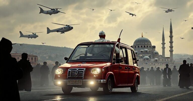 Pełen wdzięku zdjęcie przedstawiające rzekomego papieża jeżdżącego elektrycznym „papamobile” przez Stambuł w otoczeniu nowoczesnych środków transportu.