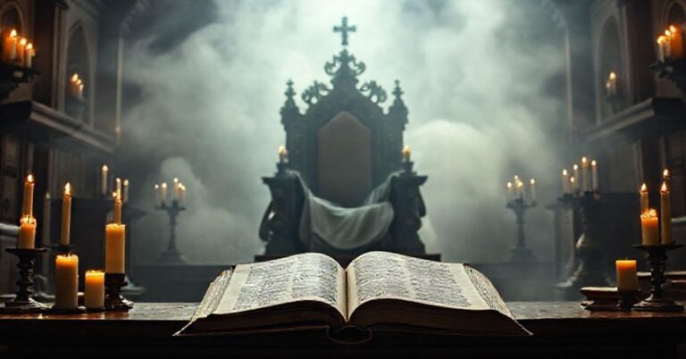 Tradycyjny ołtarz katolicki z pustym tronem papieskim w centrum, otoczonym świecami i starymi księgami liturgicznymi. W tle widoczny jest lekko przyciemniony fałszywy papież Leon XIV. Na podłodze leży zniszczony egzemplarz Quas Primas Piusa XI.