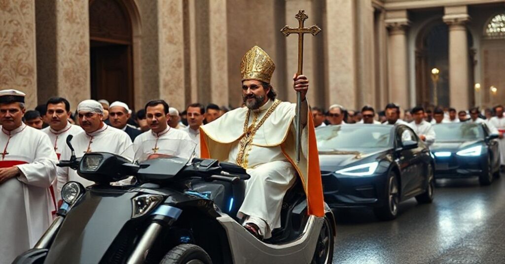Obrązek fałszywego papieź w elektrycznym pojeżadzie w Państwie Watykańskim.