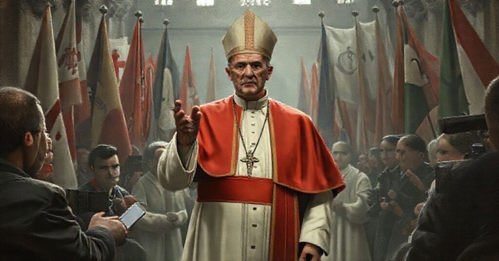 Ilustracja przedstawiająca fałszywego papieża Leona XIV podczas przemówienia w Castel Gandolfo, otoczonego przez symbole globalistyczne i zniekształcone religijne ikony.
