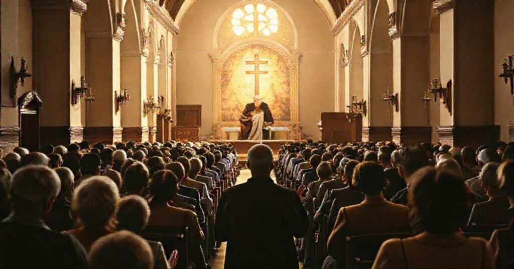 Sobór katolicki z grupą modlitwy w tradycyjnym stylu, z cieniutkim widmem Roberta Prevosta ("Leon XIV"), falszywego pasterza w tle. Na tle widoczny jest męczeński widok św. Szczepana.