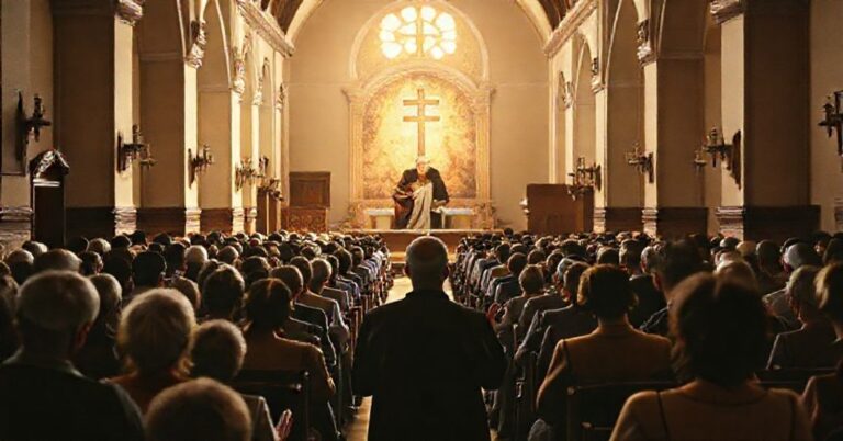 Sobór katolicki z grupą modlitwy w tradycyjnym stylu, z cieniutkim widmem Roberta Prevosta ("Leon XIV"), falszywego pasterza w tle. Na tle widoczny jest męczeński widok św. Szczepana.