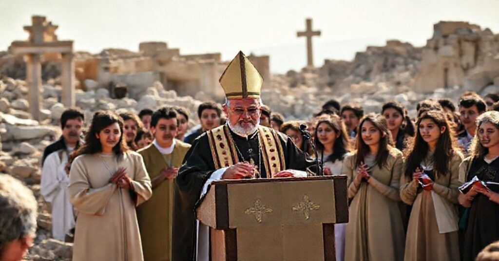 Biskup Robert Prevost (przytwarzający się do imienia Leon XIV) przemawia do młodych katolików w ruinach Libanu