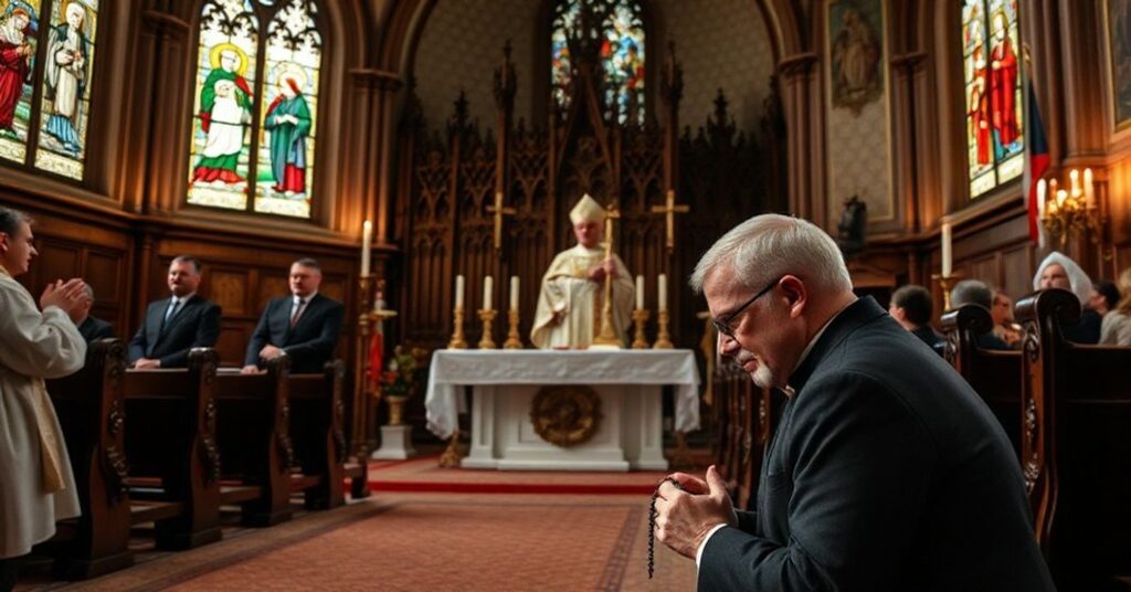 Tradycyjna katolicka msza w polskim kościele z "biskupem" Łukaszem Buzunem głoszącym nowoczesne hasła patriotyzmu.