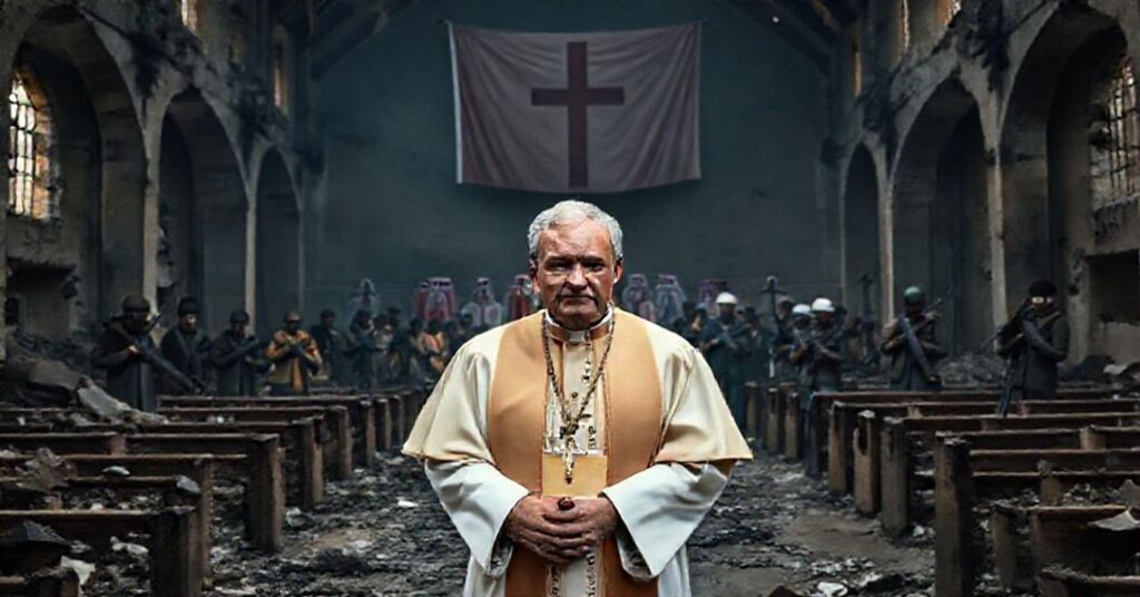 Katolicki biskup w tradycyjnych szatach stoi przed zniszczonym kościołem w Demokratycznej Republice Konga, otoczony gruzami i spalonymi ławkami. Na tle widoczni są rebelianci M23 i urzędnicy z Kataru podpisujący umowę pokojową pod flagą bez chrześcijańskich symboli.