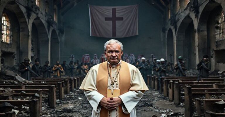 Katolicki biskup w tradycyjnych szatach stoi przed zniszczonym kościołem w Demokratycznej Republice Konga, otoczony gruzami i spalonymi ławkami. Na tle widoczni są rebelianci M23 i urzędnicy z Kataru podpisujący umowę pokojową pod flagą bez chrześcijańskich symboli.