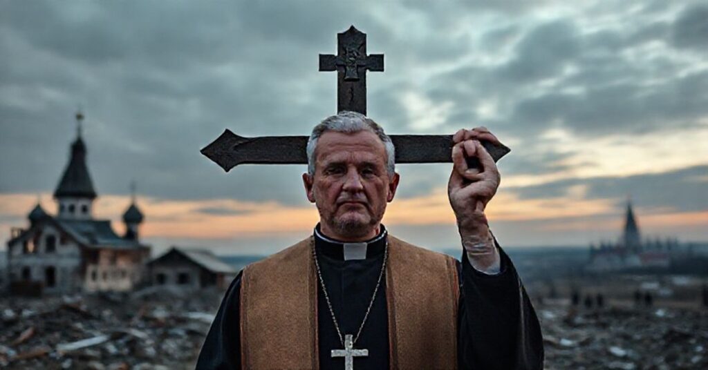 Ksiądz katolicki w tradycyjnym stroju liturgicznym trzyma krzyż przed ruinom w Ukrainie, symbolizując opór wobec fałszywego pokoju proponowanego przez Vance'a i Trumpa.