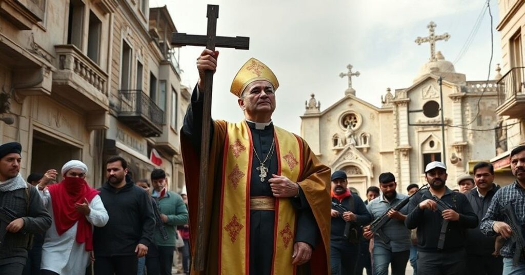 Ksiądz w tradycyjnych ornatach trzyma krzyż w zniszczonym libańskim mieście, otoczony ludźmi i bojówkami Hezbollahu. Tło: zniszczony kościół.