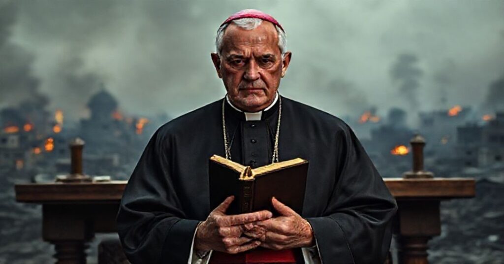 Czcigodny biskup katolicki stojący przed tradycyjnym ołtarzem z zamkniętą Biblią na tle spalonego krajobrazu, symbolizujący fałszywy pokój i zdradę królestwa Chrystusa