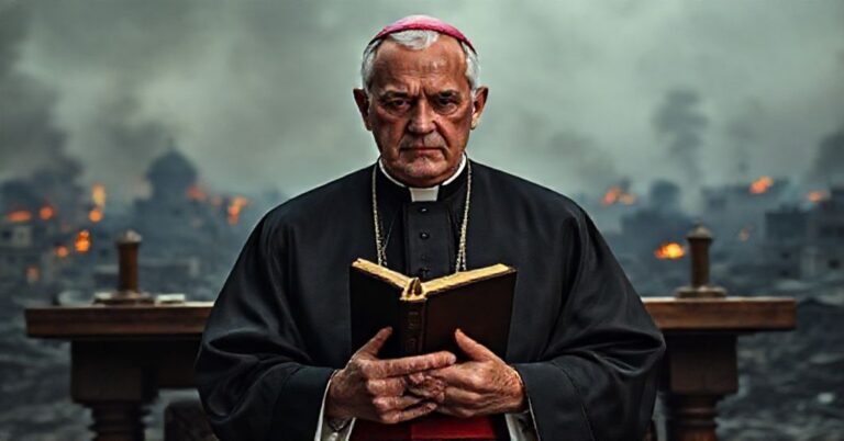 Czcigodny biskup katolicki stojący przed tradycyjnym ołtarzem z zamkniętą Biblią na tle spalonego krajobrazu, symbolizujący fałszywy pokój i zdradę królestwa Chrystusa