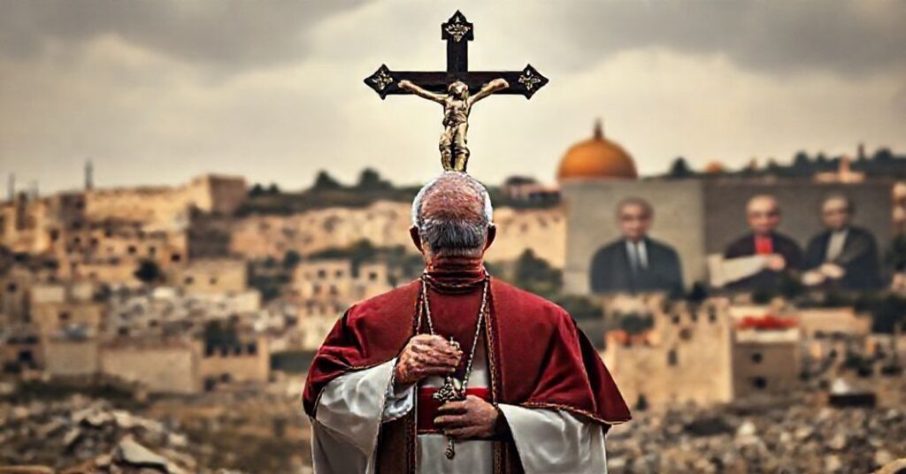 Biskup w tradycyjnych szatach liturgicznych trzymający krzyż przed zniszczonym krajobrazem Ziemi Świętej, symbolizujący kontrast między ludzkimi porozumieniami pokojowymi a wiecznym panowaniem Chrystusa Króla.