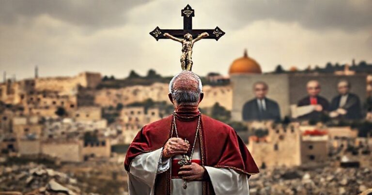Biskup w tradycyjnych szatach liturgicznych trzymający krzyż przed zniszczonym krajobrazem Ziemi Świętej, symbolizujący kontrast między ludzkimi porozumieniami pokojowymi a wiecznym panowaniem Chrystusa Króla.