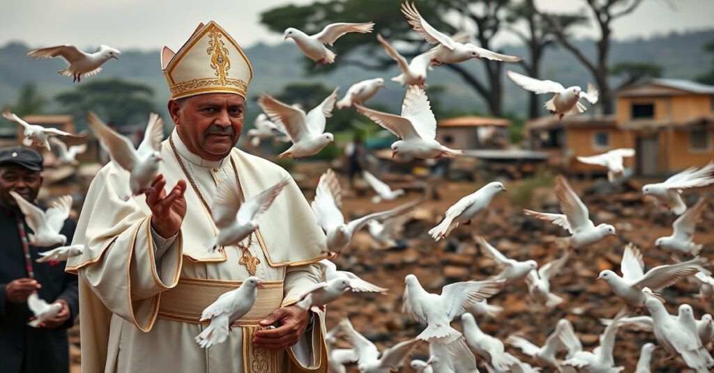 Scena z wizyty fałszywego papieża Leona XIV w Kamerunie w 2026 roku, przedstawiająca wydawanie gołębi pokoju przez uzurpatora i modernistycznego biskupa Michała Bibi przed tłem zniszczonego krajobrazu.