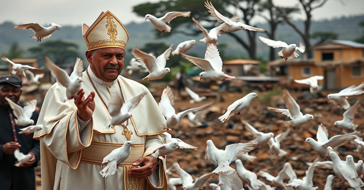 Scena z wizyty fałszywego papieża Leona XIV w Kamerunie w 2026 roku, przedstawiająca wydawanie gołębi pokoju przez uzurpatora i modernistycznego biskupa Michała Bibi przed tłem zniszczonego krajobrazu.