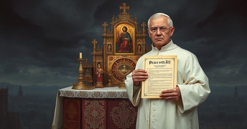 Ciemny obraz ukazuje katoliczki ołtarz z tradycyjnymi ikonami i relikwiami oraz poważnego mężczyznę w szacie duchownej trzymającego dokument zatytułowany 'Pokój z Wszystkimi'. Tło przedstawia burzliwe niebo nad rozpadającym się miastem.