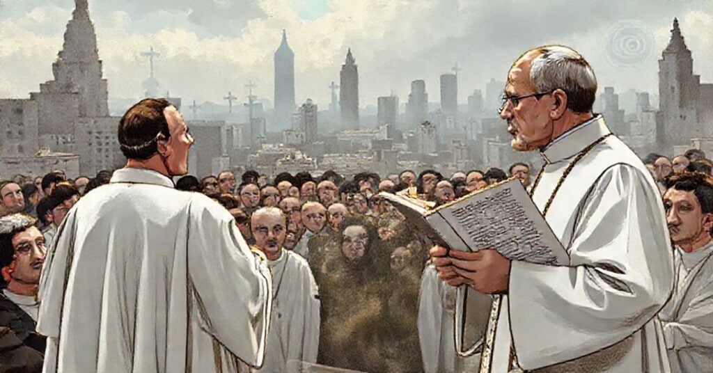 Obraz przedstawiający fałszywe wizje pokoju z dokumentu Leona XIV w kontekście tradycyjnej nauki katolickiej.