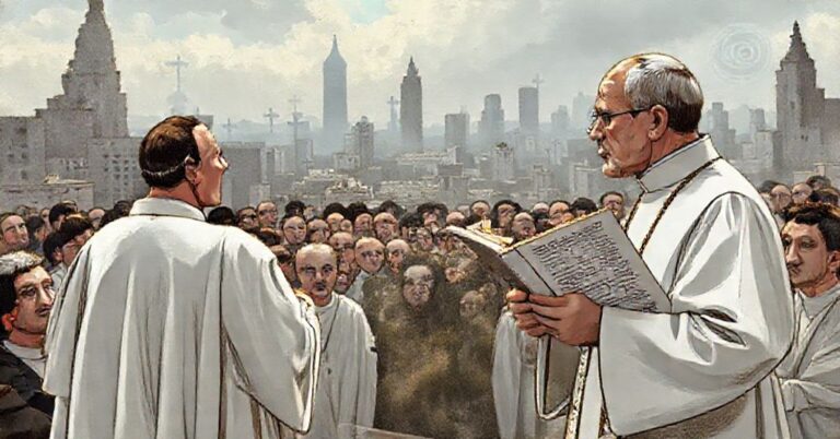 Obraz przedstawiający fałszywe wizje pokoju z dokumentu Leona XIV w kontekście tradycyjnej nauki katolickiej.