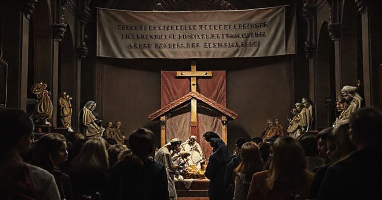 Wnętrze tradycyjnego kościoła katolickiego z grupą młodych ludzi stojących przed szopką bożonarodzeniową, symbolizującą fałszywe nauki Leona XIV.