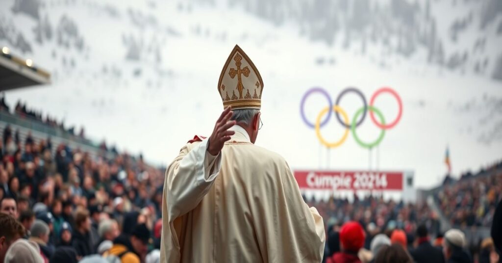 Obraz przedstawiający fałszywego „Papieża” Leona XIV podczas Angielusu w Mediolanie-Cortina z tłem igrzysk olimpijskich wykazujący pustkę duchową i zwodniczą nadzieję na pokój bez Chrystusa Króla.