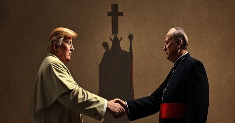 Obraz przedstawiający Donalda Trumpa i Władimira Putina jako symboły fałszywego pokoju bez Boga, z postacią Chrystusa-Króla w tle odrzucającego ich świecką władzę.