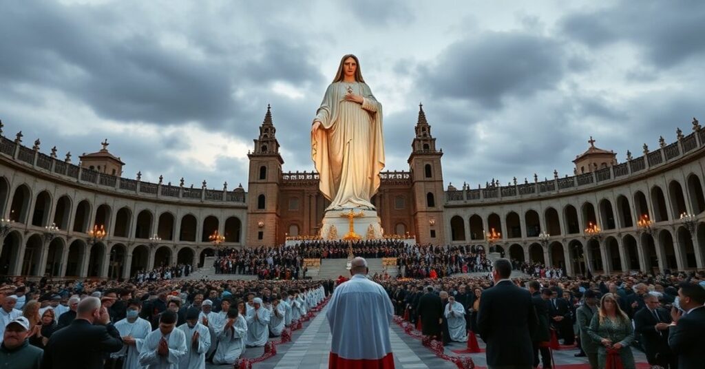 Uroczyste odsłonięcie fałszywego pomnika Matki Bożej w Crato, Brazylii. Pseudo-biskup Lopes prowadzi heretycką mszę w obecności tłumu wiernych.