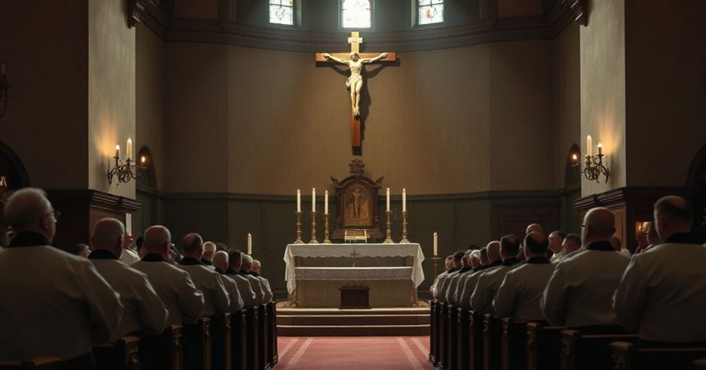 Solemne katolickie uroczystość w tradycyjnym kościele z duchownymi w szatach liturgicznych wokół pustego ołtarza podczas fałszywego procesu beatyfikacyjnego ks. Alfreda Delpa