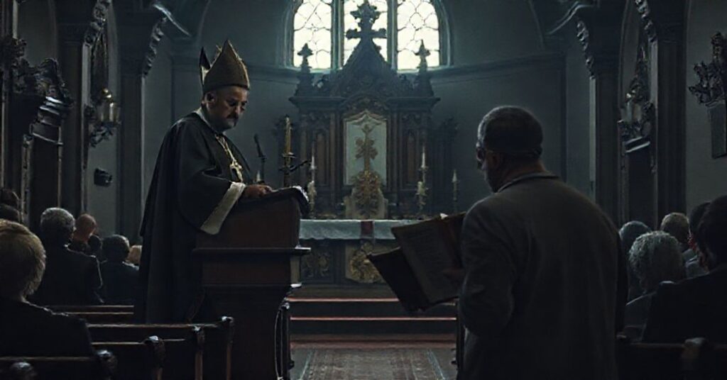 Obraz przedstawiający fałszywego Prymasa Polski Wojczecha Polaka wypowiadającego niekatolicką kazanie w postmodernistycznym kościele.