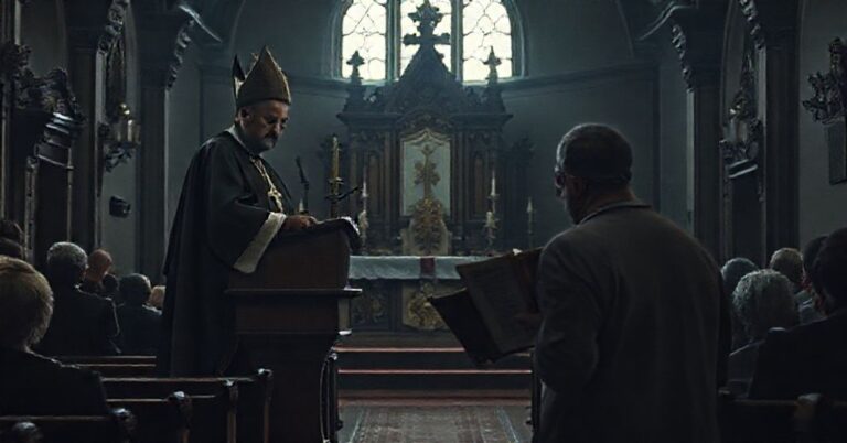 Obraz przedstawiający fałszywego Prymasa Polski Wojczecha Polaka wypowiadającego niekatolicką kazanie w postmodernistycznym kościele.