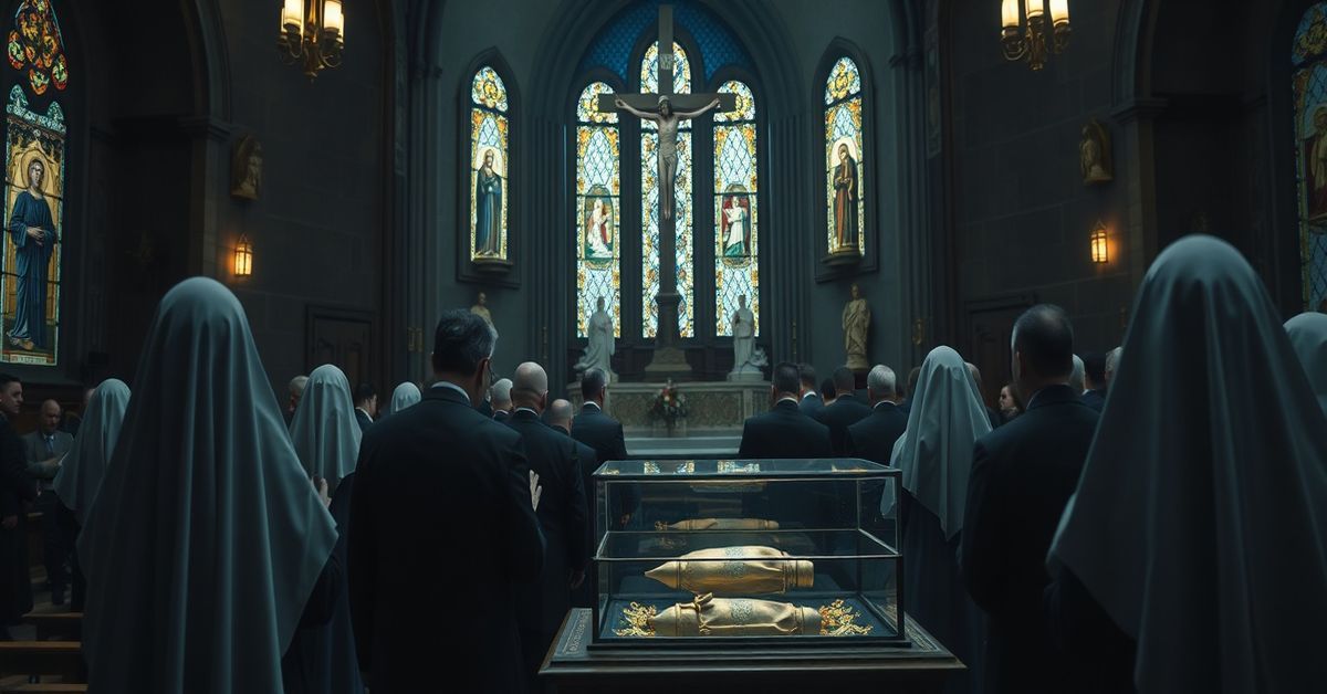 Falszywy "Rok Świętego" - Apostazja Modernizmu Wierni modlący się przed relikwiami św. Franciszka w tradycyjnym kościele katolickim.