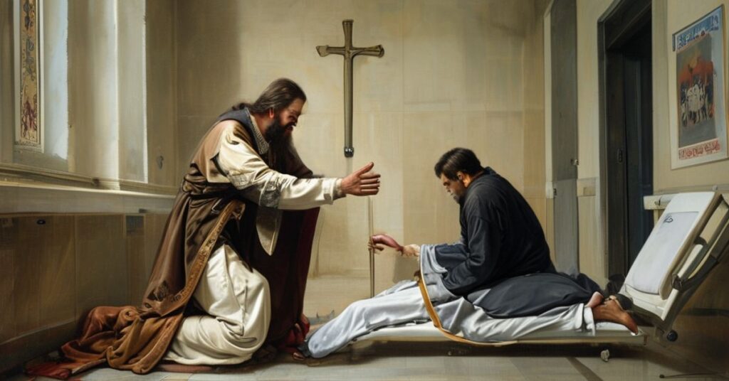 Obrązek przedstawia fałszywną chrystiańską troskę o chorych bez duchowego wymiaru