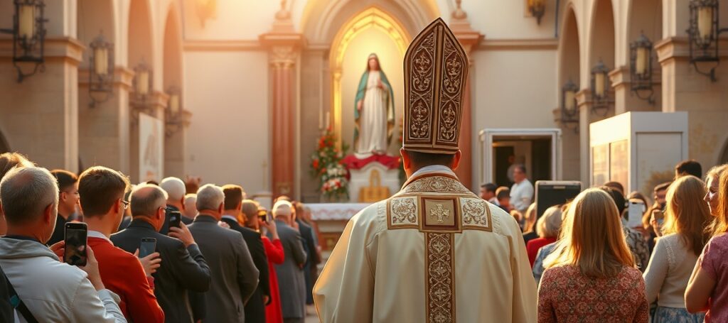 Fałszywy biskup udzielający udawanego odpustu w sanktuarium w Markowicach - symulacja łaski przez posoborową hierarchię
