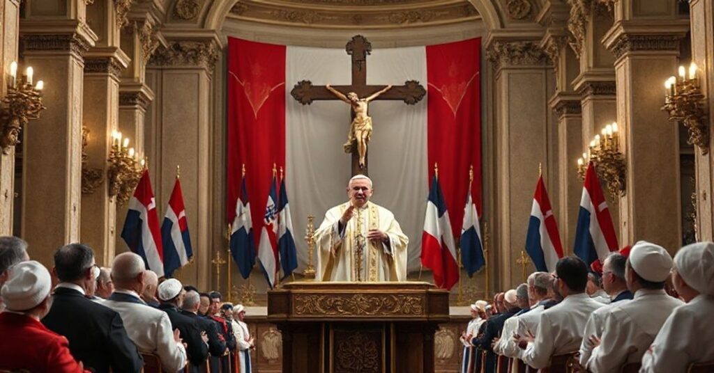 Zdjęcie przedstawiające fałszywego "papieża" Jorge Bergoglio przemawiając do chorwackich pielgrzymów w surowym plenerze