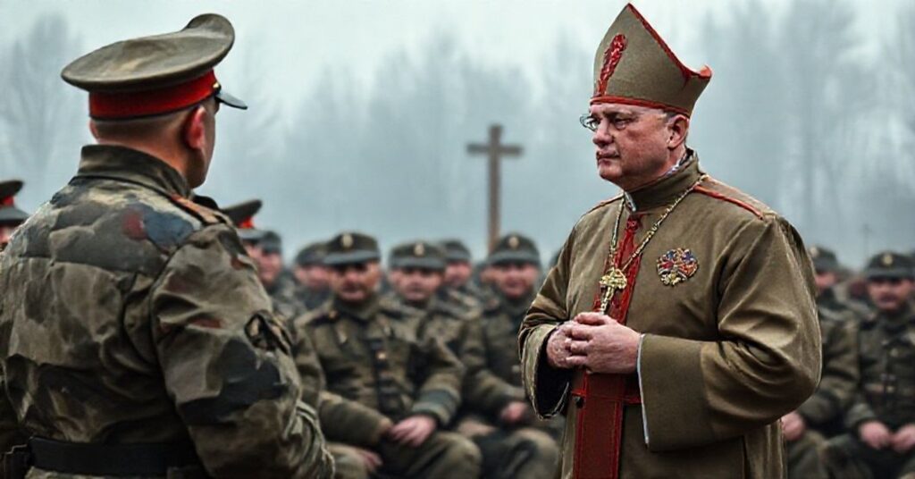 Fałszywy 'biskup' Lechowicz w mundurze wojskowym mówi do żołnierzy w polowej katedrze na granicy polsko-białoruskiej.