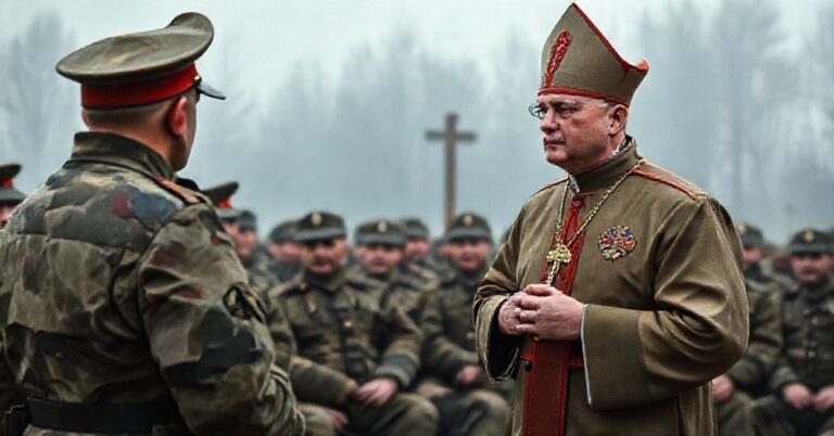 Fałszywy 'biskup' Lechowicz w mundurze wojskowym mówi do żołnierzy w polowej katedrze na granicy polsko-białoruskiej.