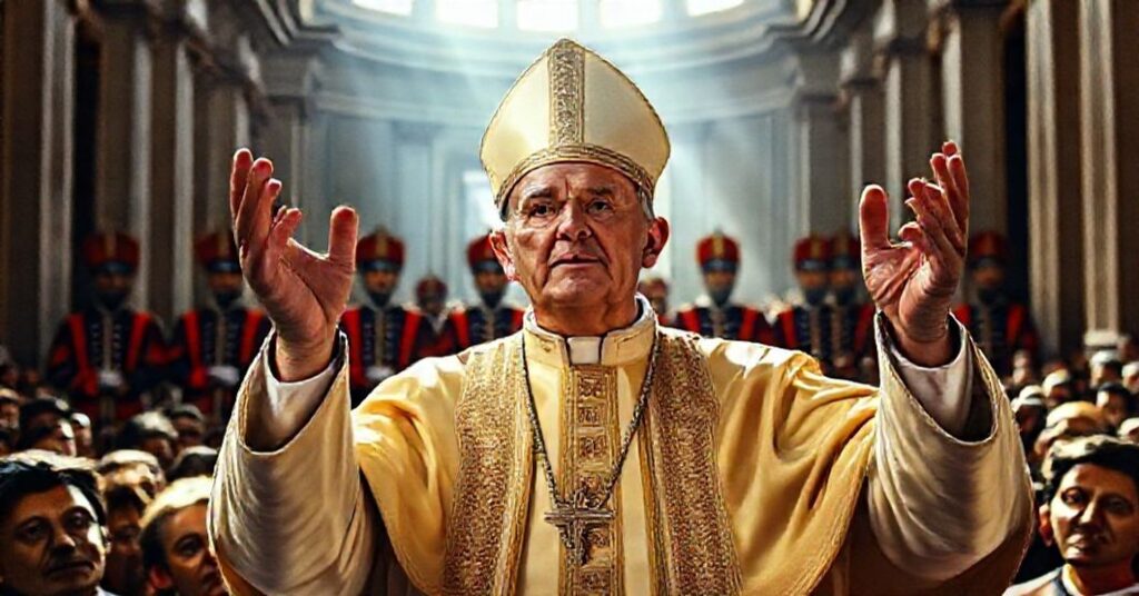 Portret fałszywego papieża Leona XIV wypowiadającego się podczas audycji ogólnej w Bazylice św. Piotra w Watykanie.