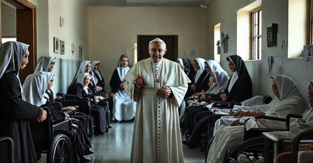 Falszywy papież Leon XIV odwiedza szpital psychiatryczny w Libanie, otoczony pacjentami i siostrami Franciszkanami Krzyża. Scena jest naturalistyczna, ale pozbawiona nadprzyrodzonej łaski.