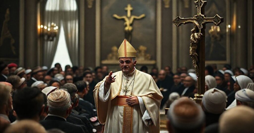 Obraz przedstawiający fałszywego papieża w Libanie głoszącego ekumeniczny pokój bez nawrócenia