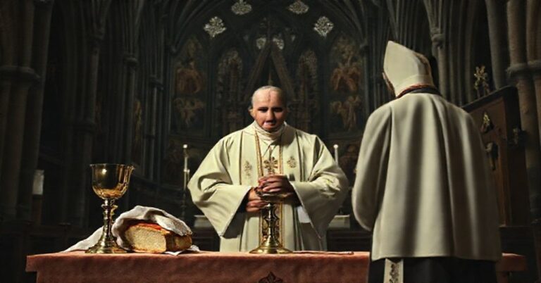 Obraz przedstawiający wnętrze tradycyjnego kościoła z fałszywym biskupem Richardem Mothem stojącym przed ołtarzem. Scena symbolizuje upadek nauki katolickiej w wyniku nowoczesnych herezji.