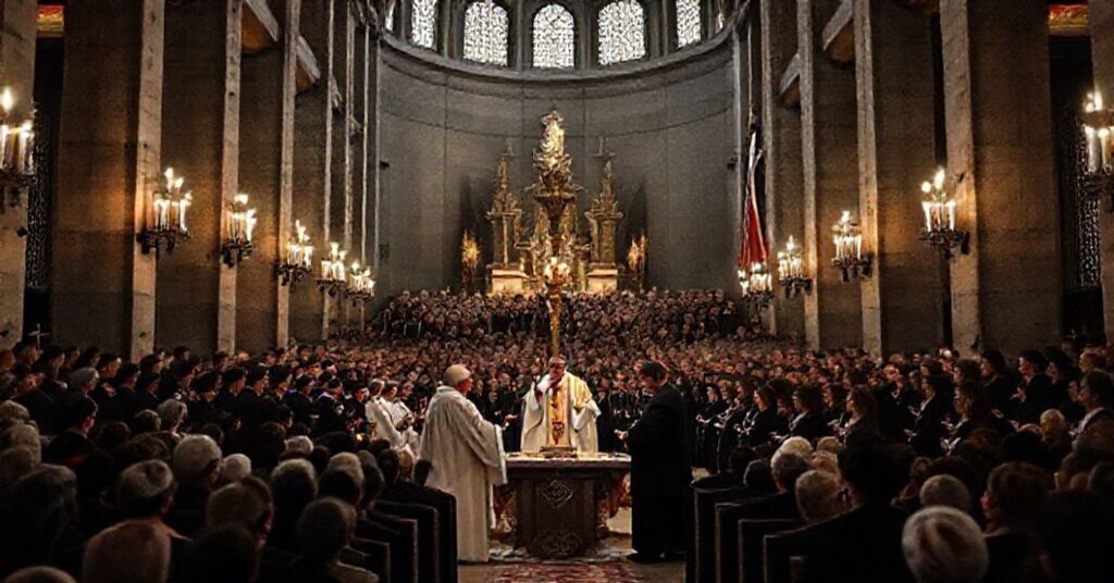 Wnętrze Świątyni Opatrzności Bożej w Warszawie podczas fałszywych obchodów Święta Niepodległości. Modernistyczna świątynia bez sakralnych elementów wypełniona symboliką masońską. W centrum fałszywi biskupi sekty posoborowej i prezydent Karol Nawrocki uczestniczą w bluźnierczych "mszach", zapalając "Świecą Niepodległości" darowaną przez Piusa IX. W tle chór śpiewa herezyjskie hymny skomponowane przez sympatyków komunizmu.