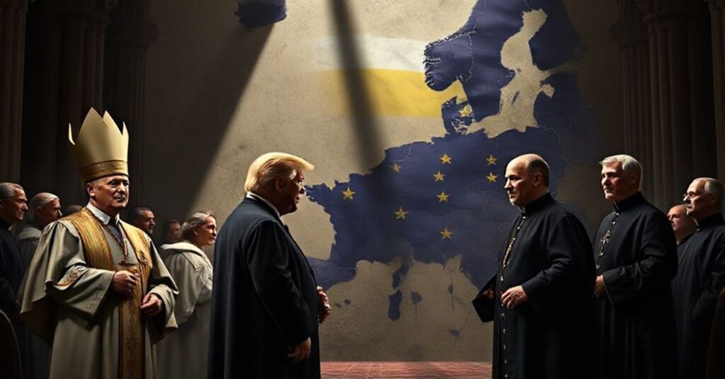 Tradycyjna katolicka scena przedstawiająca fałszywy plan pokojowy Unii Europejskiej z postaciami Donalda Trumpa, Kai Kallas i Wołodymyra Zełenskiego w poważnej ubraniu przed wzburzonym kościołem.