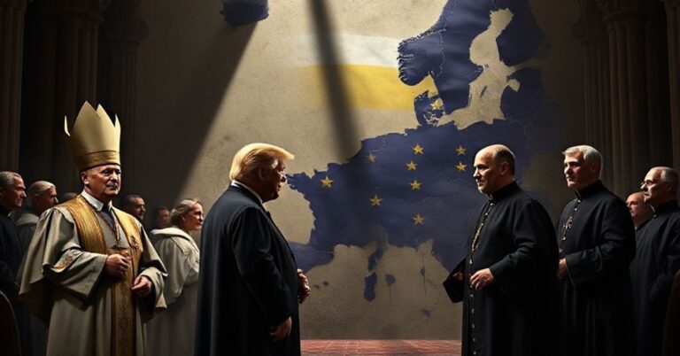 Tradycyjna katolicka scena przedstawiająca fałszywy plan pokojowy Unii Europejskiej z postaciami Donalda Trumpa, Kai Kallas i Wołodymyra Zełenskiego w poważnej ubraniu przed wzburzonym kościołem.