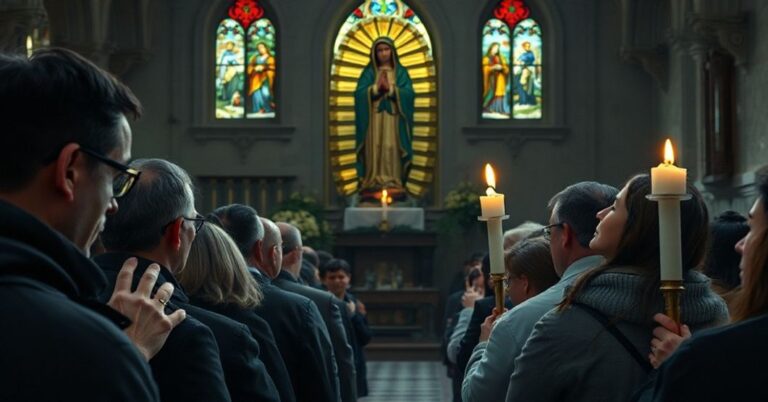 Pobudzone Farerczycy modlący się w tradycyjnym koście katolickim przy posągu Matki Bożej Gwadalupe, przedstawiając bunt przeciw legalizacji aborcji na Wyspach Owczych.