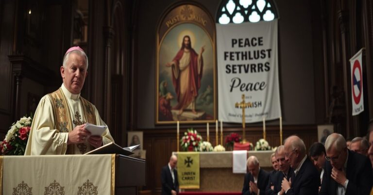 Wyznawcy modlący się w kościele z „arcybiskupem” Farrellem na kazalnicy.