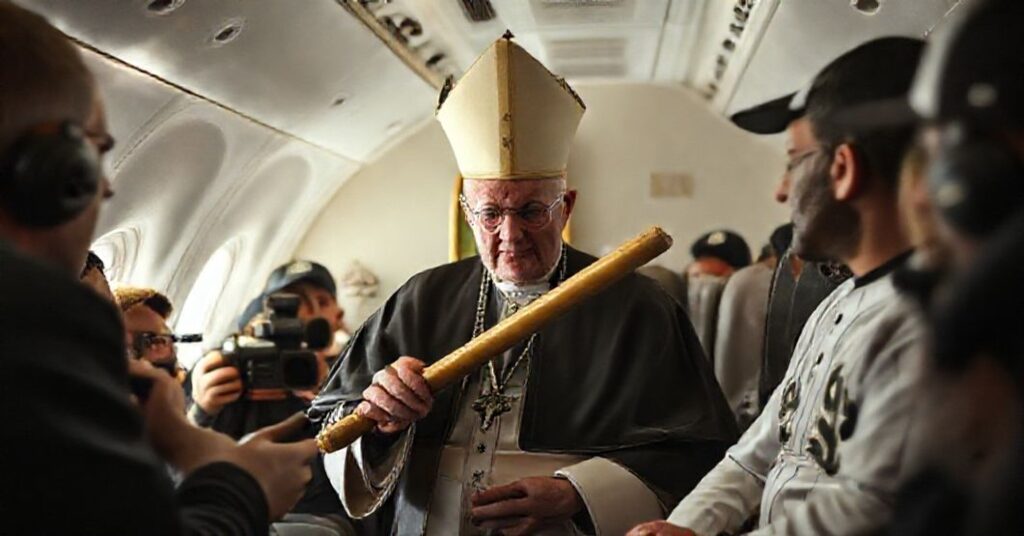 Wizerunek fałszywego papieża 'Leona XIV' otrzymującego kij baseballowy od zawodników Chicago White Sox w samolocie.
